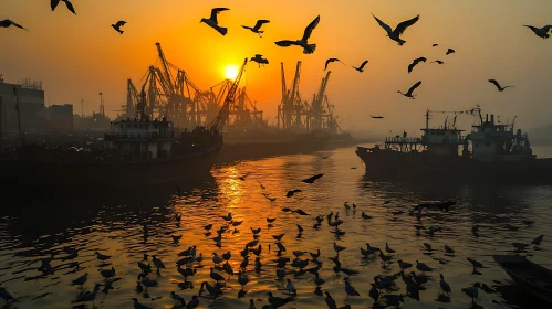 Golden Sunset Over a Bustling Port