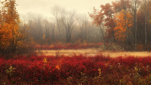 Foggy Field with Red Blossoms and Fall Trees