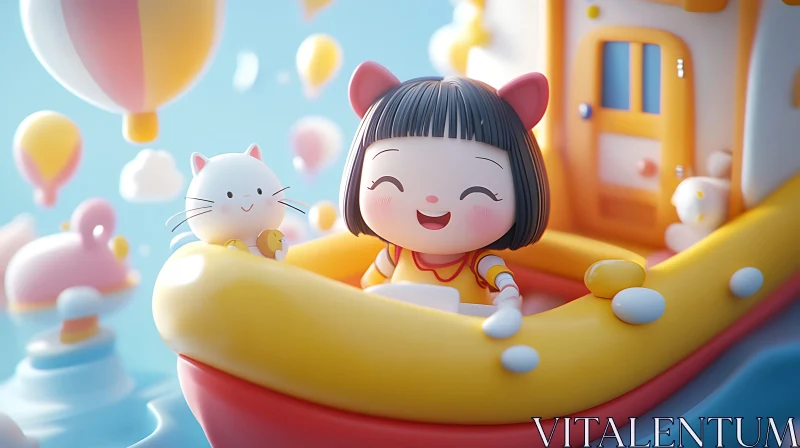 Whimsical Cartoon Scene of Girl, Cat, and Balloons AI Image