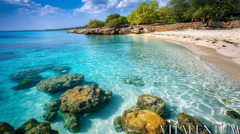 AI ART Scenic Coastal Beach with Clear Waters and Reefs