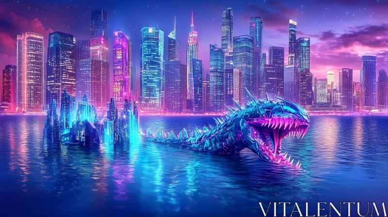 AI ART Surreal Neon City with Rising Cyber Serpent