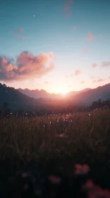 Tranquil Meadow at Dusk with Mountain View