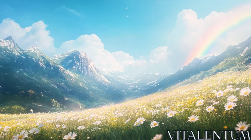 AI ART Idyllic Alpine Meadow with Daisies and Rainbow