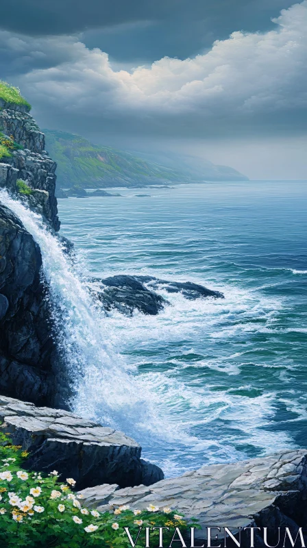 AI ART Waterfall Over Cliffs with Ocean View