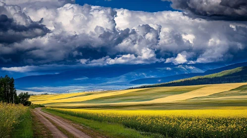 Picturesque Yellow Fields with Cloudy Mountain Backdrop