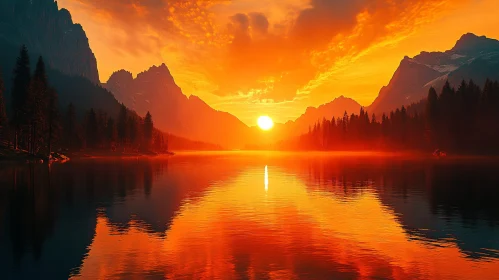 Serene Sunset Landscape with Majestic Mountains and Calm Lake