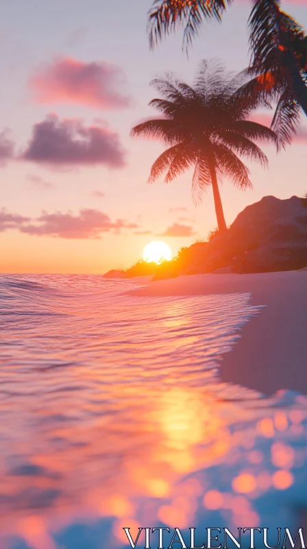 Tranquil Sunset Beach with Silhouetted Palm Tree AI Image