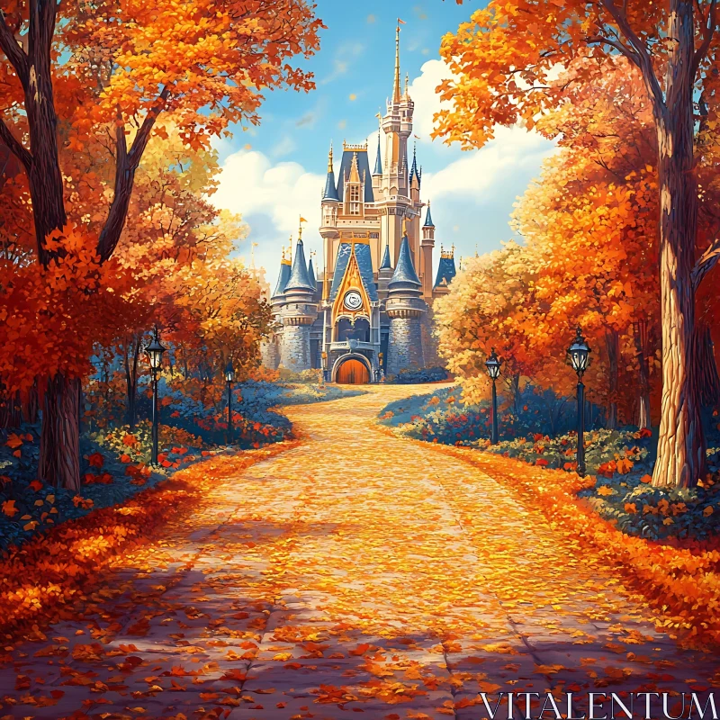 Enchanted Castle in Fall Foliage AI Image