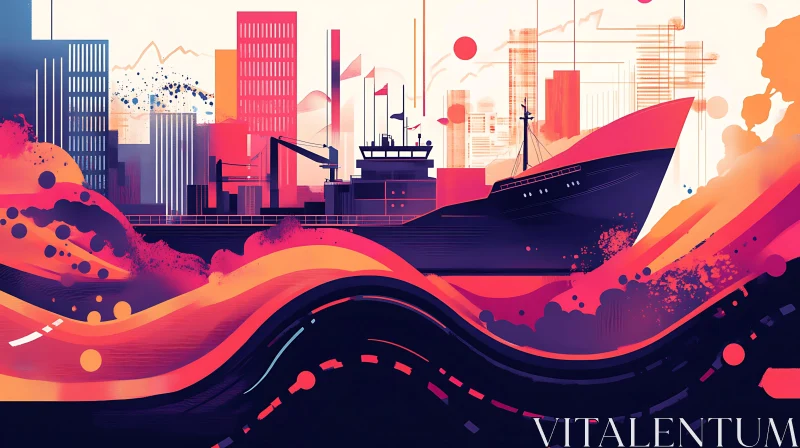 Vibrant Urban Abstract Art with Ship and City AI Image