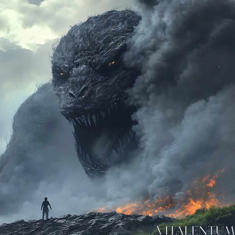 Giant Creature Against a Fiery Landscape AI Image