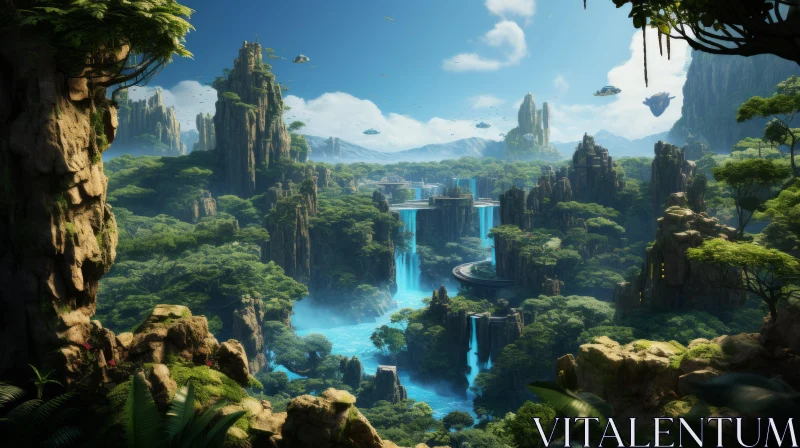 Fantasy Nature Landscape with Sky Waterfalls and Jungle AI Image