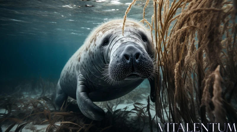 Graceful Manatee Swimming Underwater Amidst Reeds AI Image