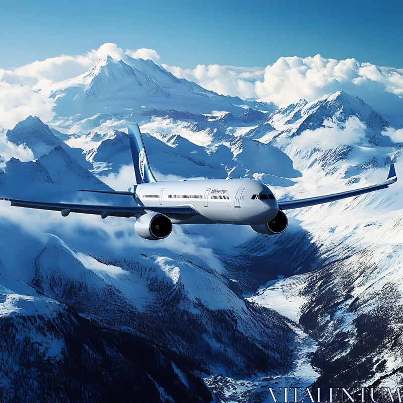 Aerial View of Airplane Over Winter Mountains AI Image