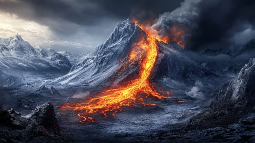 Volcanic Eruption in Snowy Landscape with Flowing Lava