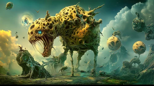 Dreamlike Scene with Enormous Creature and Spherical Structures