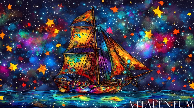 Fantastical Ship Sailing Through Colorful Star Fields AI Image