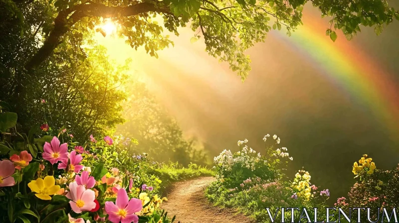 AI ART Enchanted Forest Pathway with Sunlight and Rainbow