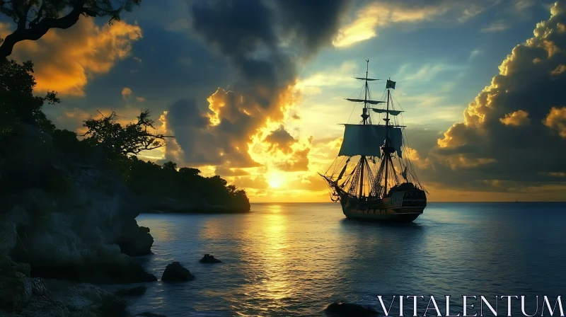 Golden Sunset Silhouetting a Historic Vessel AI Image