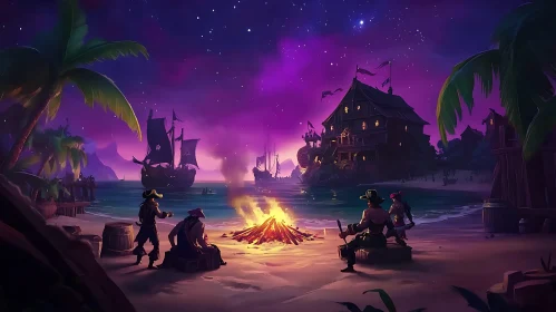 Pirates Around a Campfire on a Moonlit Beach