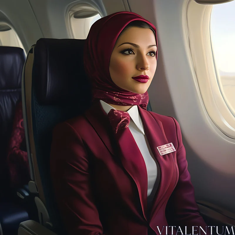 Burgundy Clad Flight Attendant Looking Out Window AI Image