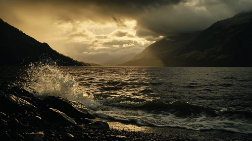 Dramatic Lake Sunset with Rocky Shore and Mountains