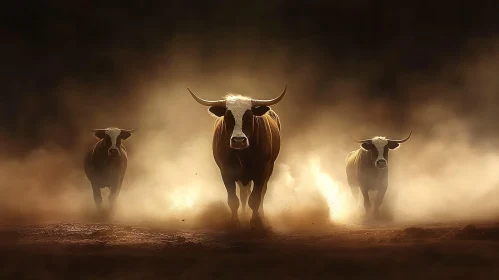 Bulls Charging Through Dust