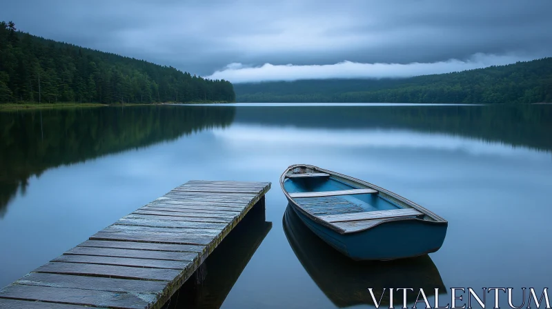 Peaceful Lakeside Scene with Wooden Boat AI Image