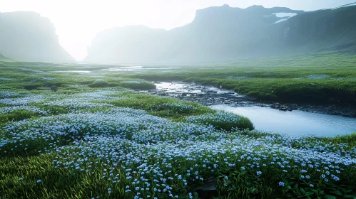 Tranquil River through a Blooming Field