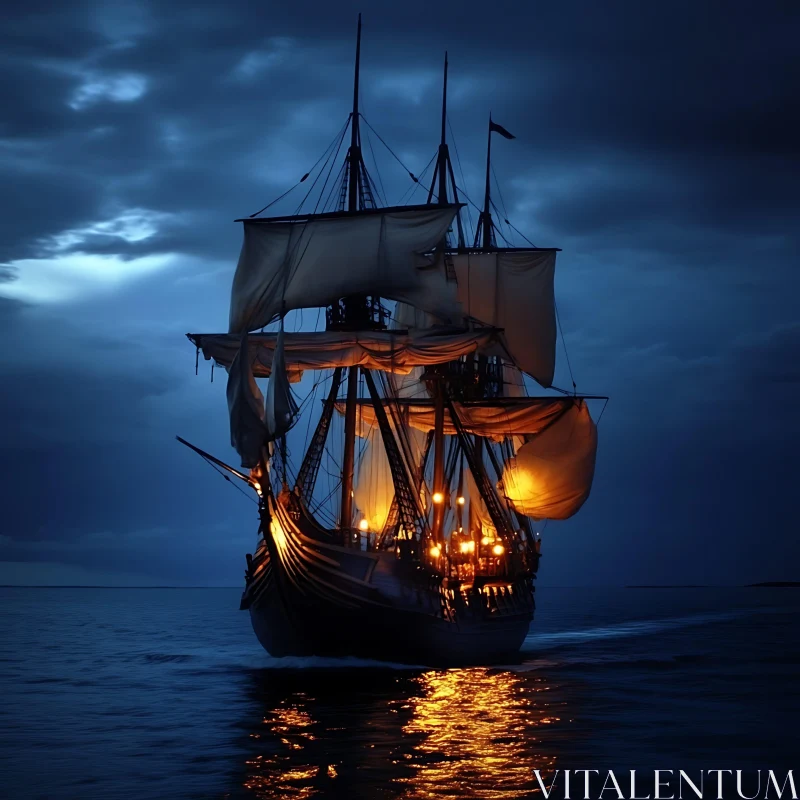 AI ART Lantern-Lit Sailing Ship on the Sea