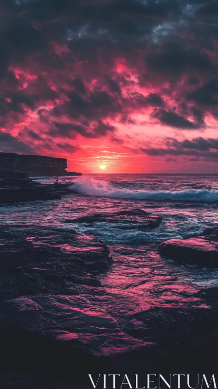 Pink and Purple Sunset over Rocky Ocean Shore AI Image