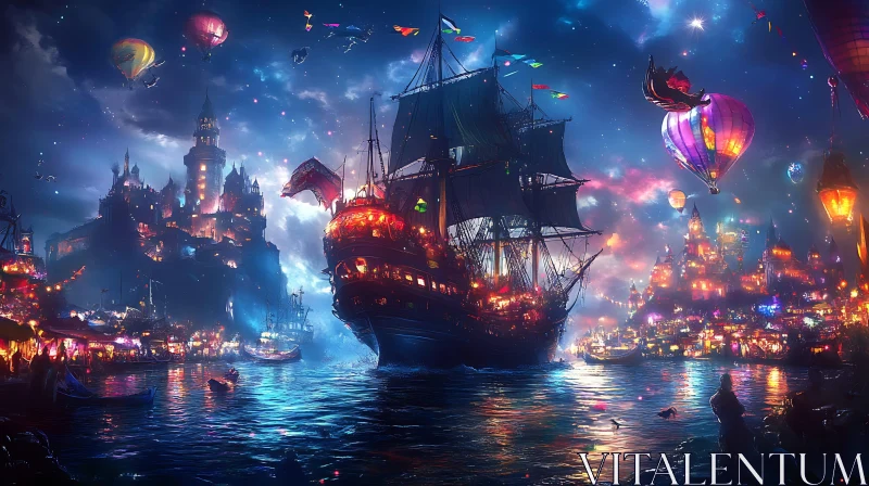 AI ART Mystical Night Harbor with Castle and Hot Air Balloons