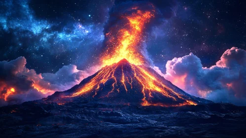 Fiery Volcano Eruption at Night