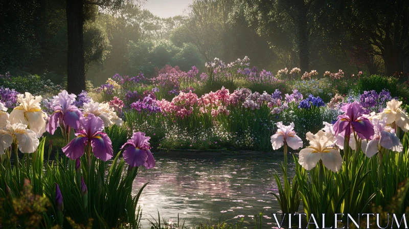 AI ART Peaceful Iris Garden Scene with Sunlit Pond