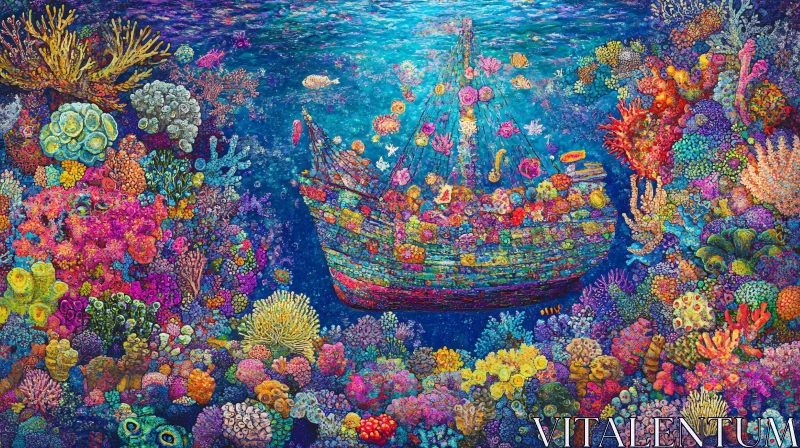 AI ART Colorful Underwater World with Shipwreck