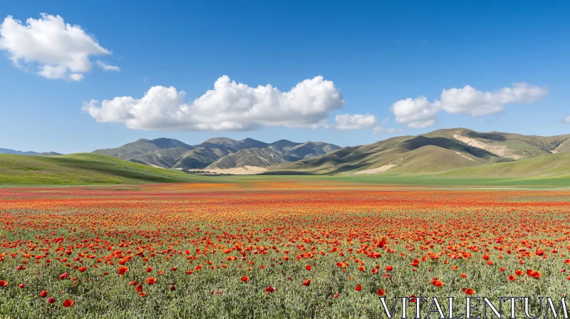 AI ART Picturesque Poppy Field with Mountain Backdrop