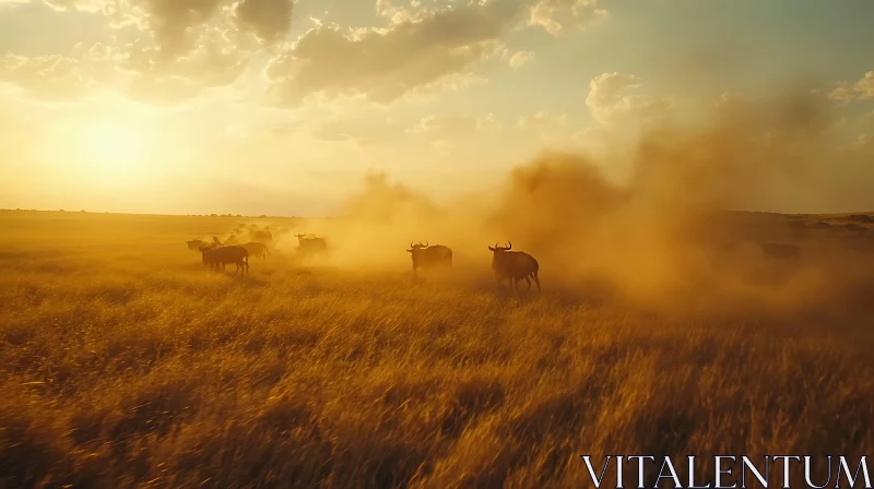 Dusty Grassland and Wildebeests at Golden Hour AI Image