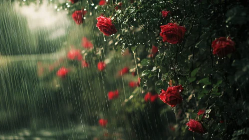 Red Roses Under Rainfall