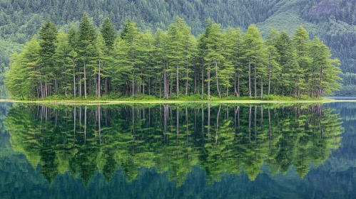 Serene Island Forest Reflected in a Lake