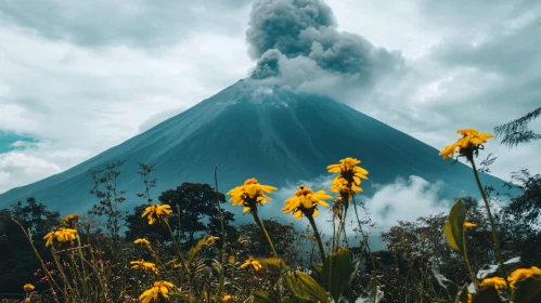 Volcano Eruption and Yellow Flowers