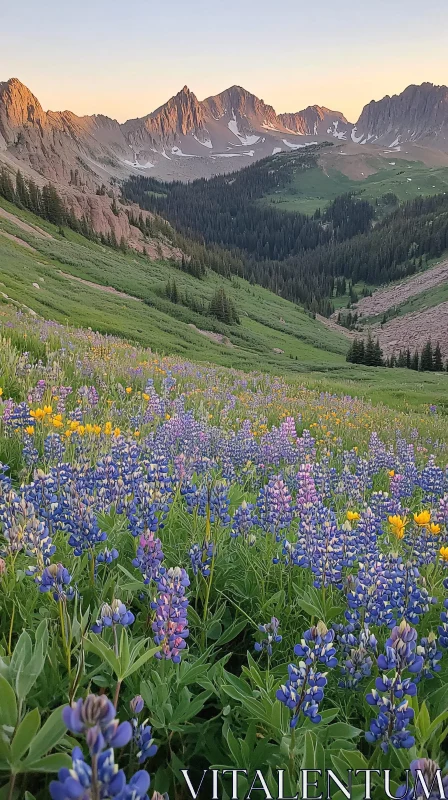 AI ART Stunning Sunset over a Mountain Meadow with Colorful Wildflowers