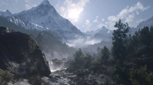 Peaceful Mountain Scene with Snow Peaks and Waterfall