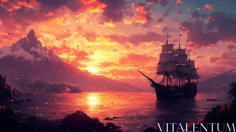 Ship at Sunset with Mountain Backdrop and Reflective Waters AI Image