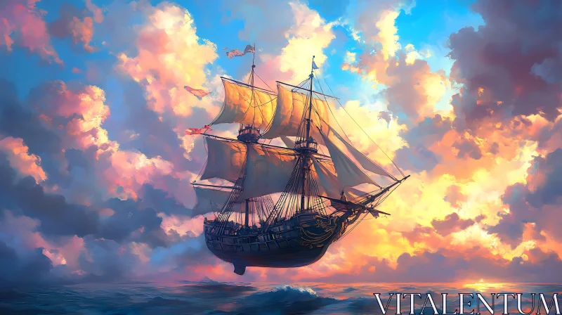 Sunset Sailing Ship on Calm Ocean Waters AI Image