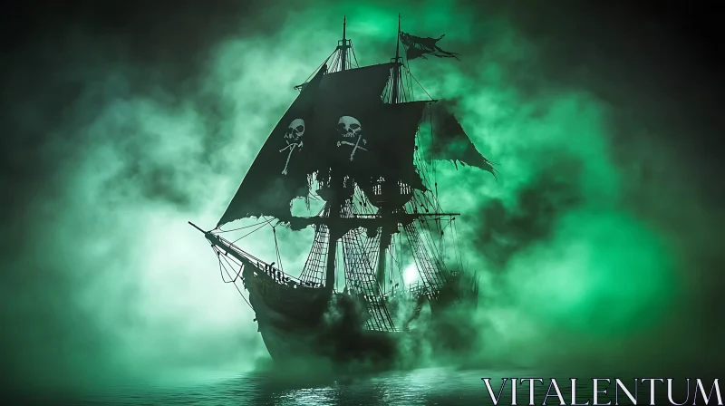 Ghostly Pirate Ship Enshrouded in Fog AI Image