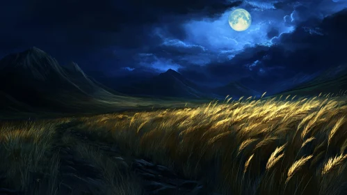 Enchanting Moonlit Wheat Field with Majestic Mountains