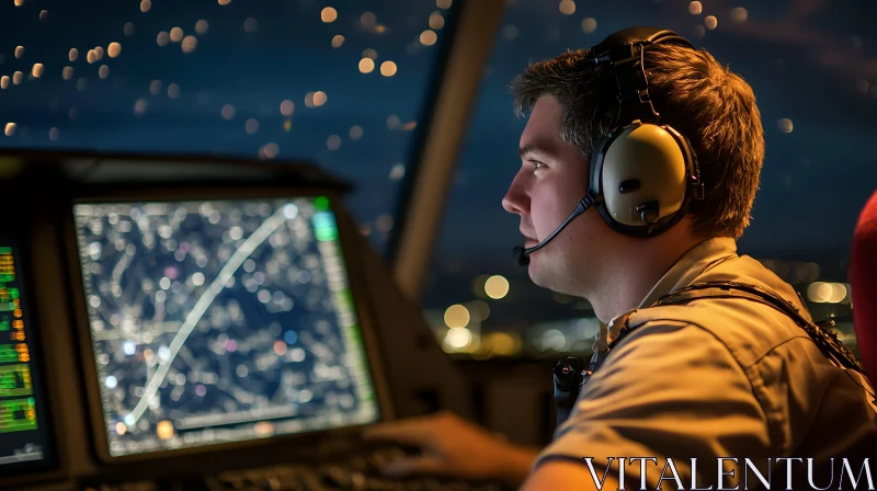 Pilot in Cockpit Navigating Night Skies AI Image