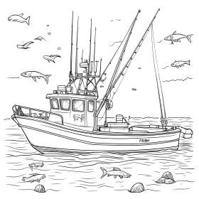 Fishing Boat Illustration with Fish