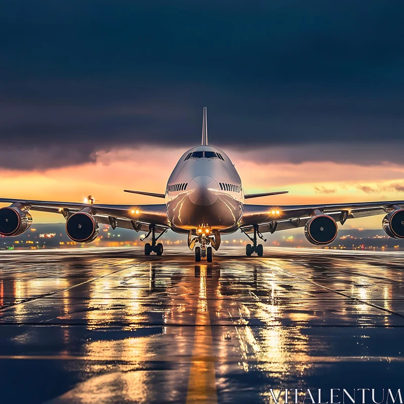 Sunset Reflections on Airport Runway with Aircraft AI Image