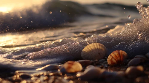 Waves Washing Over Seashells at Sunset