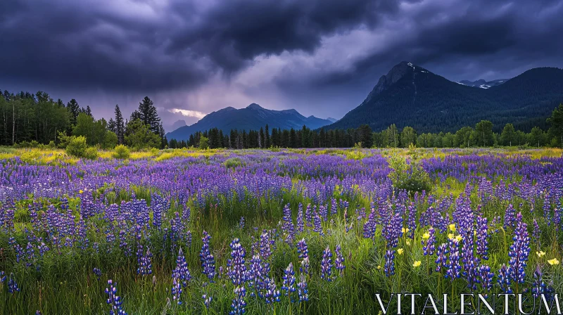 Flower Field with Approaching Storm over Mountains AI Image